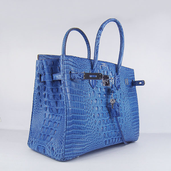 High Quality Fake Hermes Birkin 35CM Crocodile Head Veins Leather Bag Dark Blue 6089